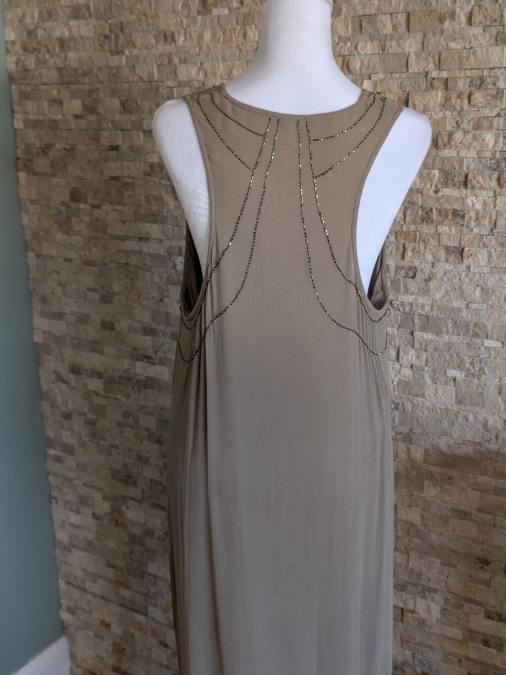 Chan Luu Beaded Maxi Dress Cardigan Set Tan Chiffon Fringe Racerback Slit L - Picture 4 of 16
